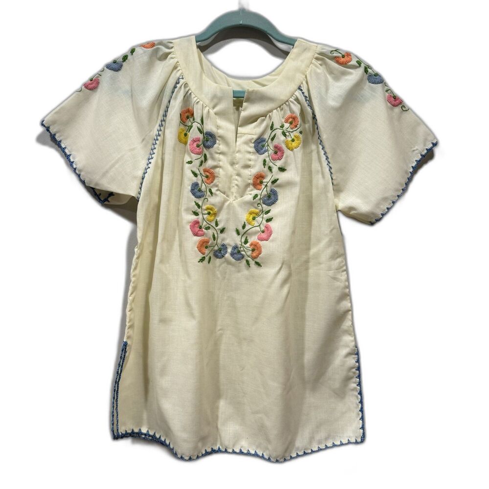 Vintage Handmade Top Embroidered Floral Short Sleeve Stitched Trim Women M Cream - Picture 2 of 7